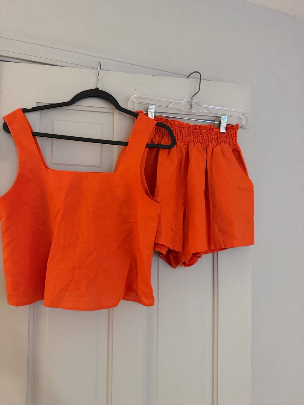 CROSBY by Mollie Burch Bright Orange High-Waist Smocked Shorts w/ matching top